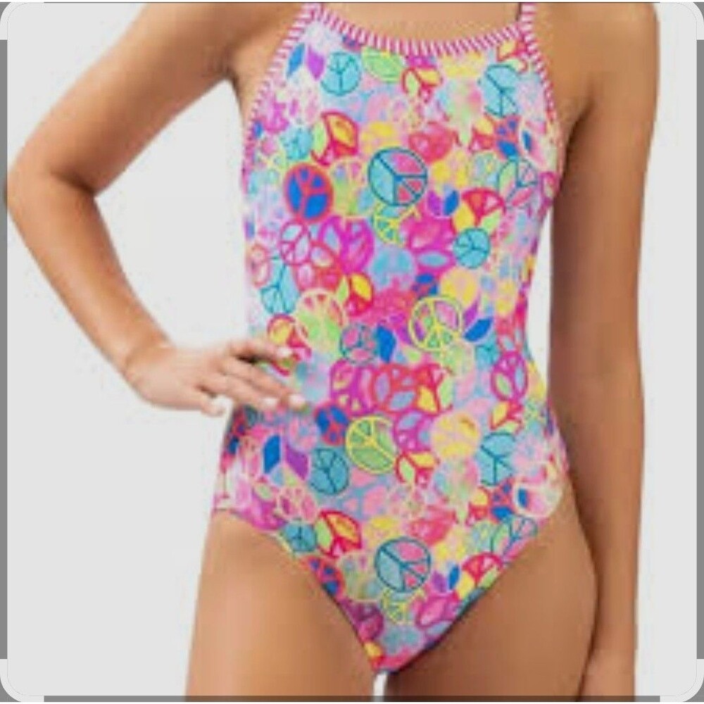 Dolphin Women's Uglies Pink Peace V-back 1 Piece Swim Size 34 New